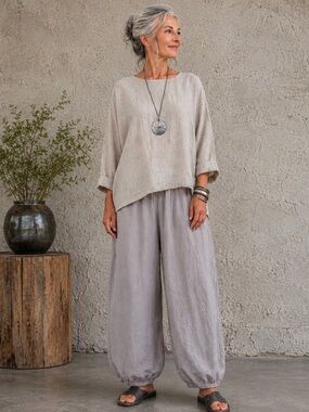 CUT LOOSE Lagenlook Barrel Leg Balloon Pants Gray Taupe Elastic Waist Size L